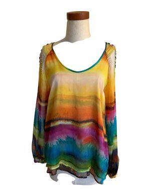 Rainbow Tie-Dye Sheer top With Woven Ribbon Shoulder Detail Long Sleeves & Back